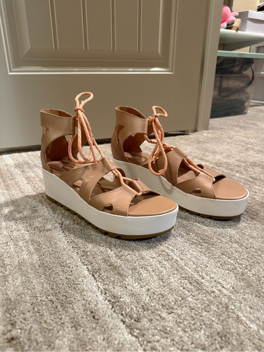 Sorel Tan Lace-Up Platform Sandals with White Sole